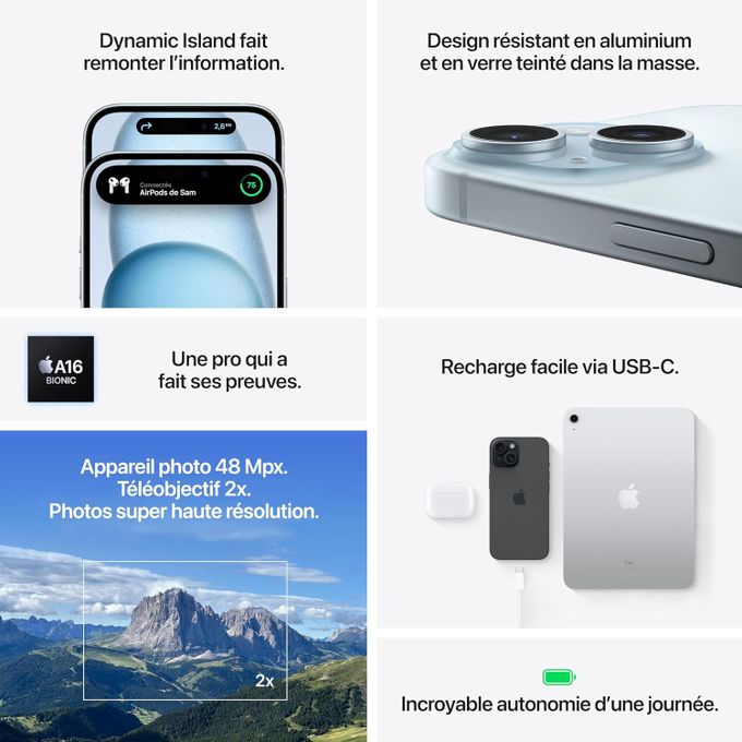 Apple iPhone 15, 128 GB, Bleu, 6,1 pouces "Neuf"