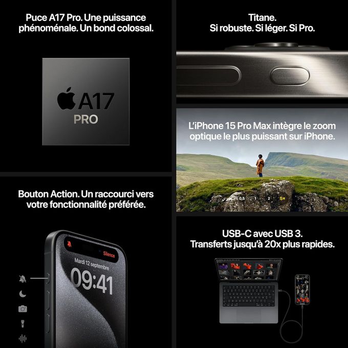 Apple, iPhone 15 Pro Max, Titane Noir, 2 nano Sim, 256 GB, 6,7", A17 Pro, 8GB RAM, iOS 17 "Neuf"