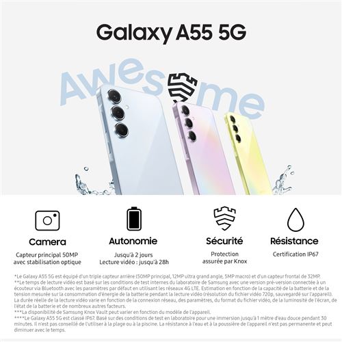 Samsung Galaxy A55, 6,7", Bleu clair, Double nano SIM, 256 Go, 8 GB RAM, 5G "Neuf"