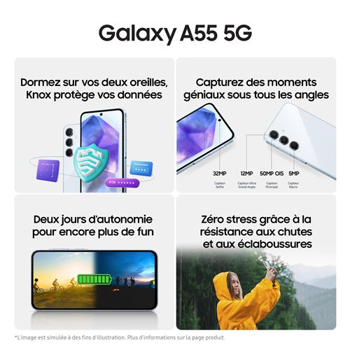 Samsung Galaxy A55, 6,7", Bleu clair, Double nano SIM, 256 Go, 8 GB RAM, 5G "Neuf"